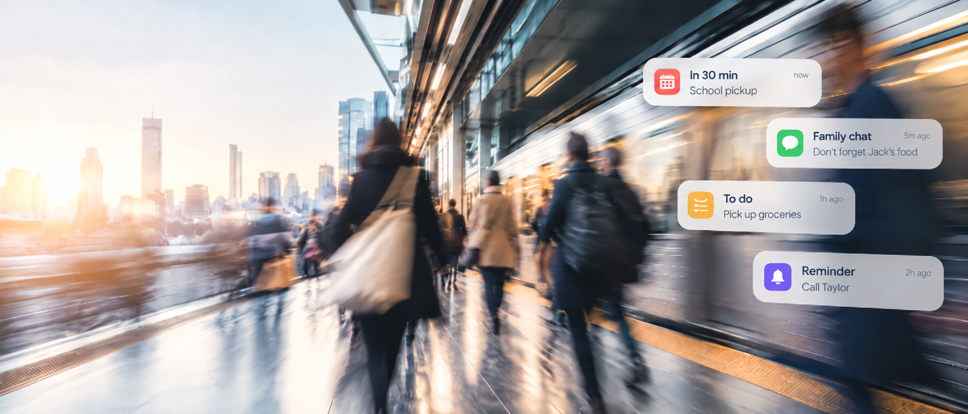 Motion-blurred commuters on a busy train platform at sunset, overlaid with four phone notifications about school pickup, family chat, groceries, and a reminder to call Taylor.