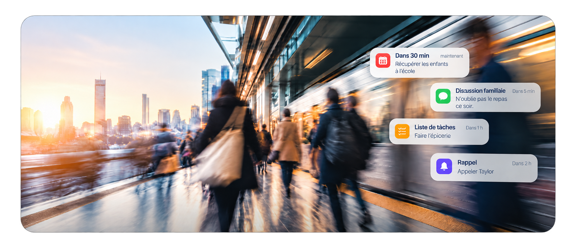 Motion-blurred commuters on a busy train platform at sunset, overlaid with four phone notifications about school pickup, family chat, groceries, and a reminder to call Taylor.